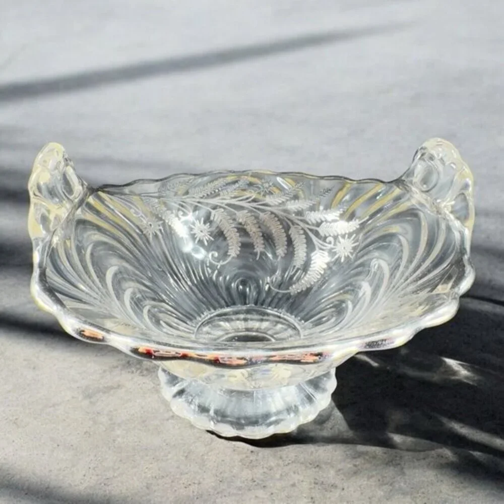 Vintage Cambridge Clear Glass Caprice Bowl Dish Handles‎ Silver Overlay Flower
